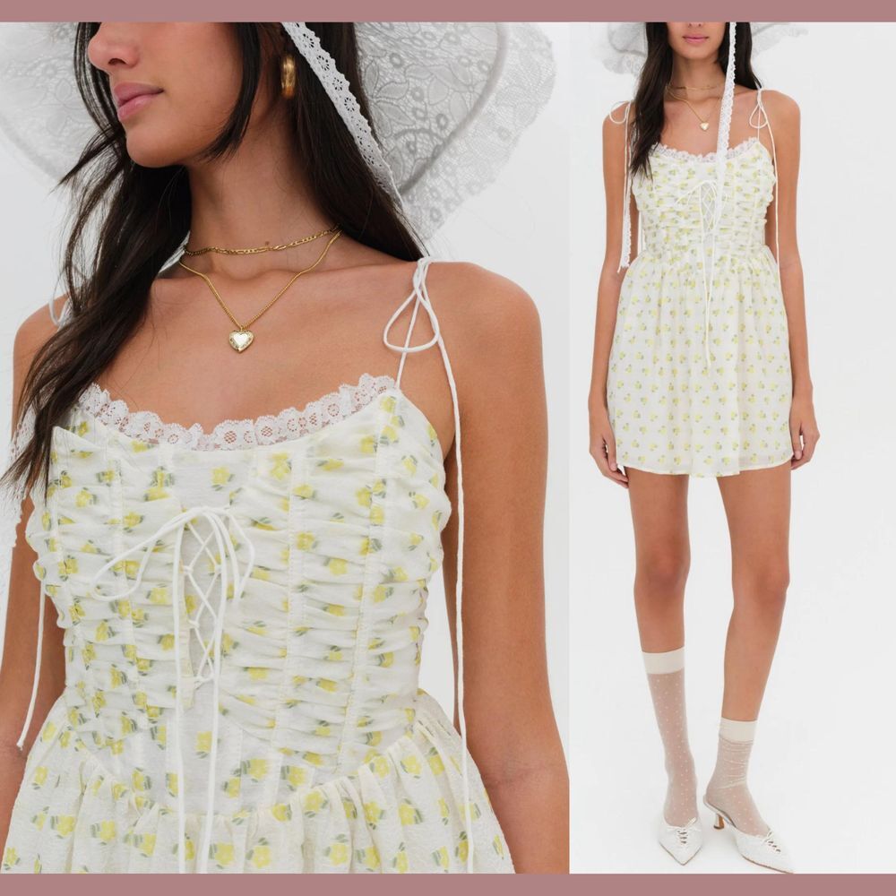NWT $249 For Love & Lemons [ Medium ] Floral Kiela Mini Dress White Yellow T1914